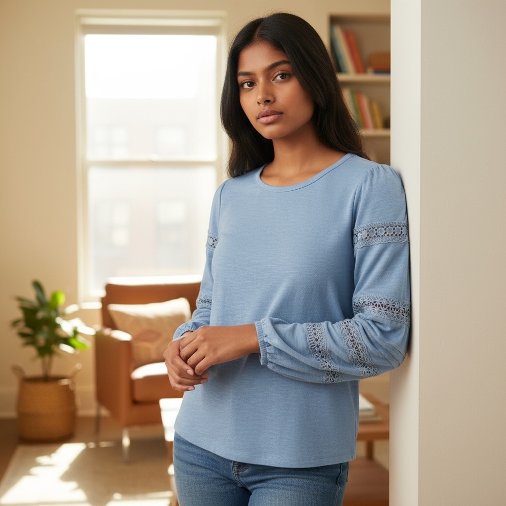 Elegant Light Blue Lace Detail Blouse